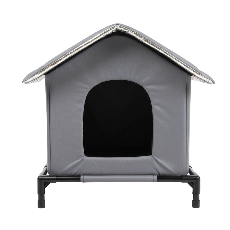 Gray pet house with a black interior on a white background