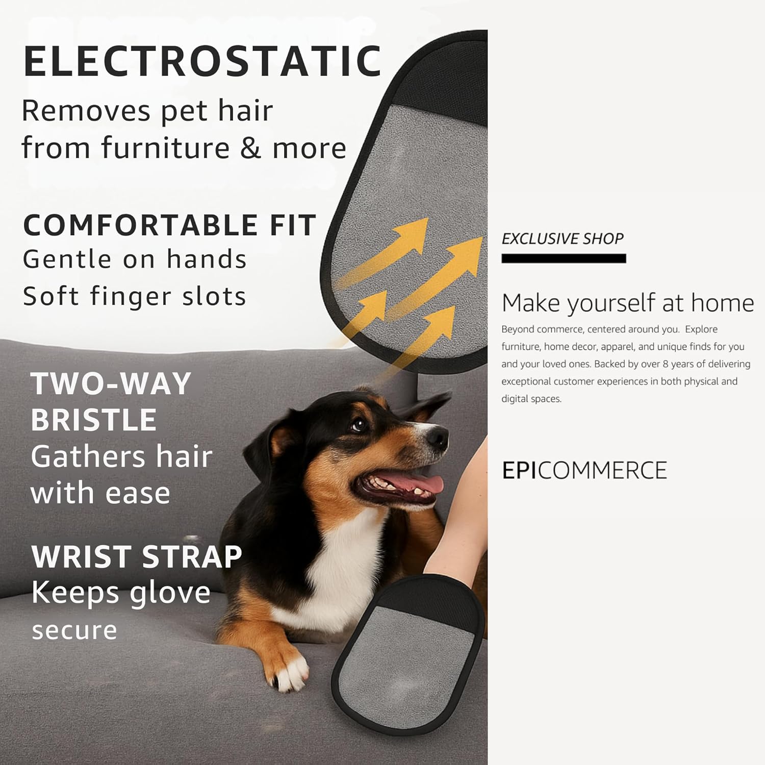 Glove for removing pet hair with text describing features and benefits, displayed on a gray couch.