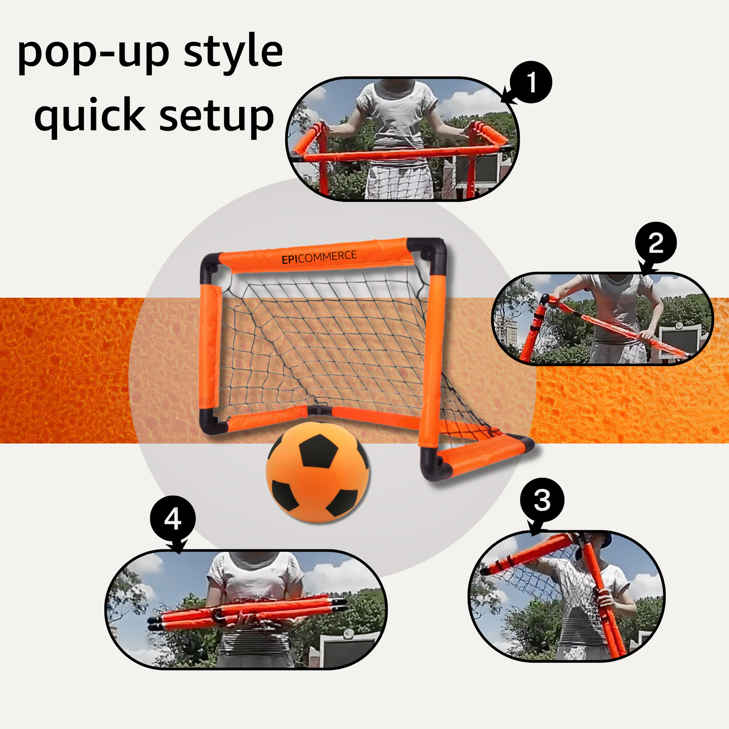Pop-up style soccer goal with quick setup instructions and a ball on a white background.
