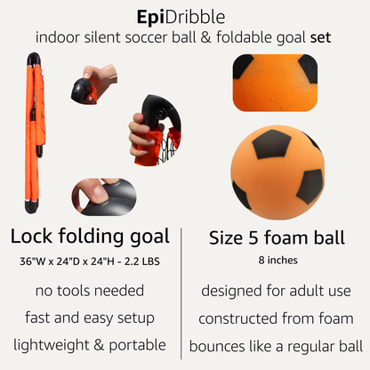EpiDribbble indoor silent soccer ball and foldable goal set with product details on a white background.