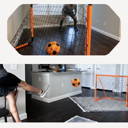 Portable soccer goal and ball set up in a home setting with a person practicing.
