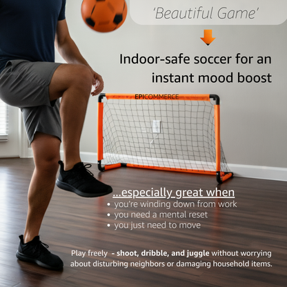 Person kicking a soccer ball towards a small goal indoors with promotional text about indoor-safe soccer.