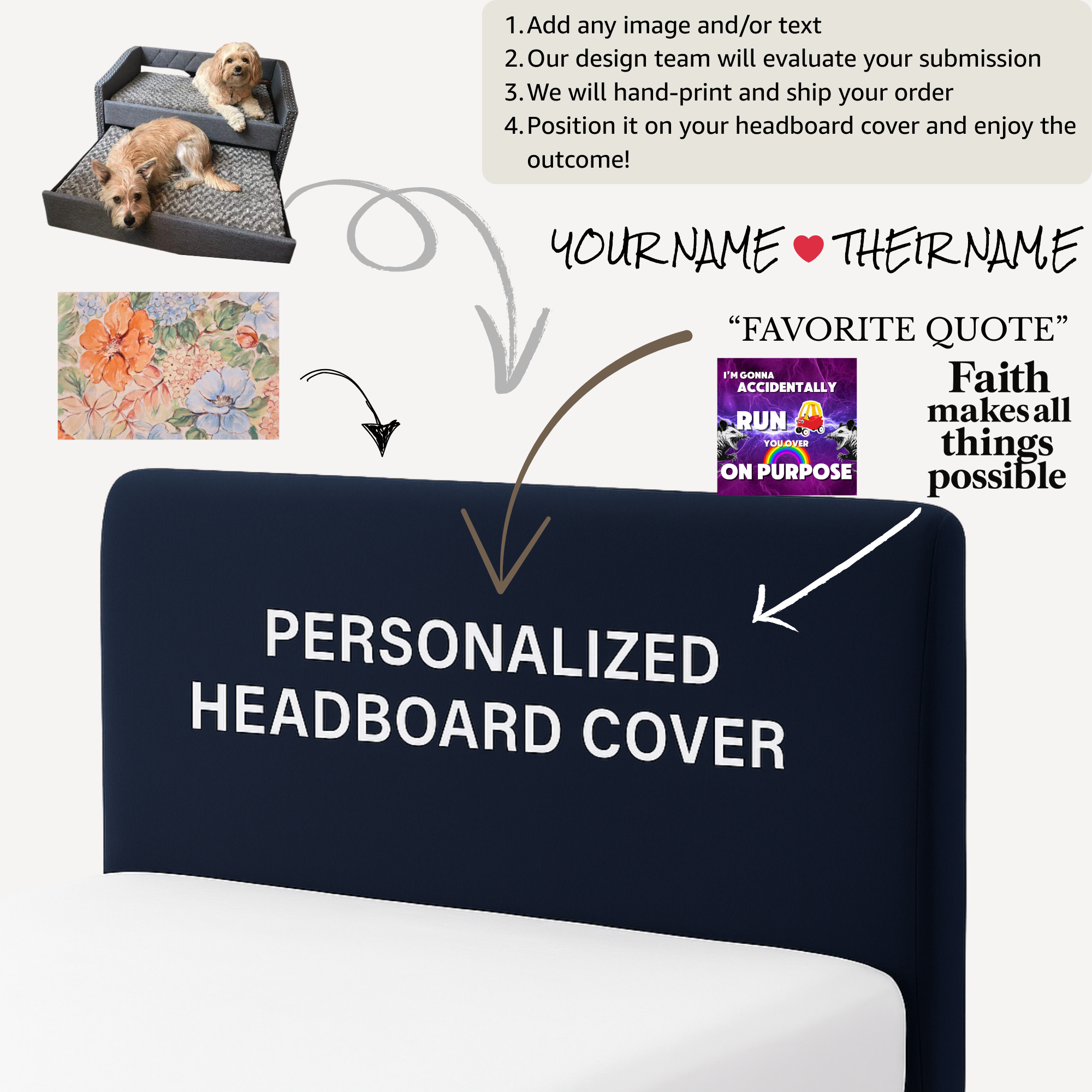 Personalized headboard cover with customizable text and images on a bed.