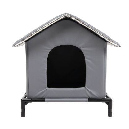Gray pet house with a black interior on a white background