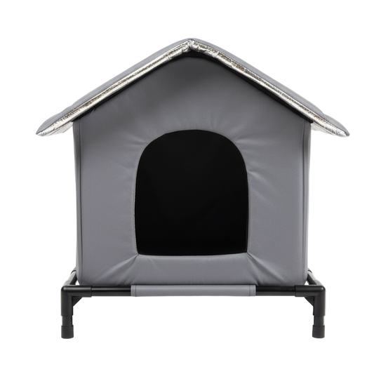 Gray pet house with a black interior on a white background