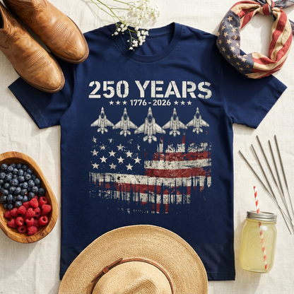 America 250th Anniversary T-Shirt, 100% Cotton, Unisex Relaxed Fit, Patriotic Eagle & Jets Design, 1776-2026 USA 4th of July
