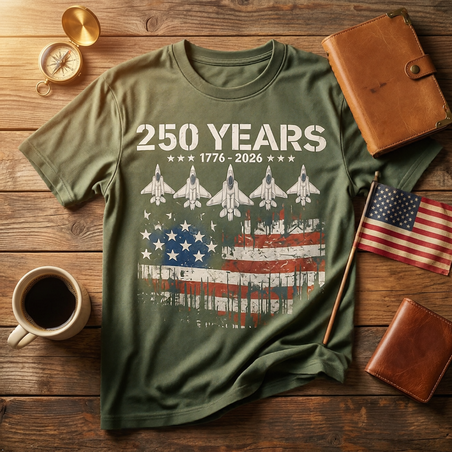 America 250th Anniversary T-Shirt, 100% Cotton, Unisex Relaxed Fit, Patriotic Eagle & Jets Design, 1776-2026 USA 4th of July