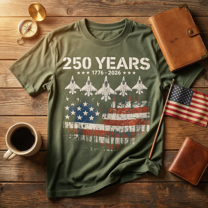 America 250th Anniversary T-Shirt, 100% Cotton, Unisex Relaxed Fit, Patriotic Eagle & Jets Design, 1776-2026 USA 4th of July