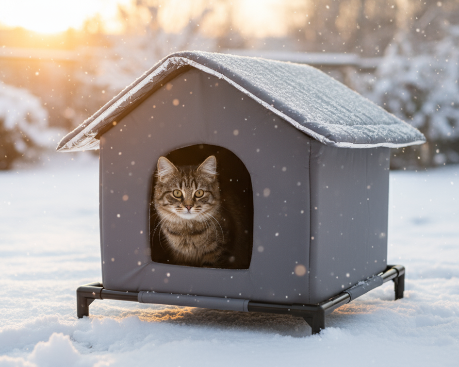 Cat inside a snow-covered pet house in a snowy landscape
