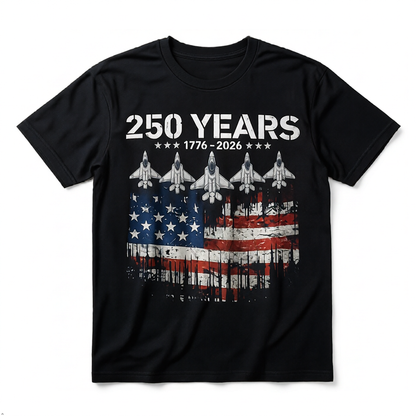 America 250th Anniversary T-Shirt, 100% Cotton, Unisex Relaxed Fit, Patriotic Eagle & Jets Design, 1776-2026 USA 4th of July