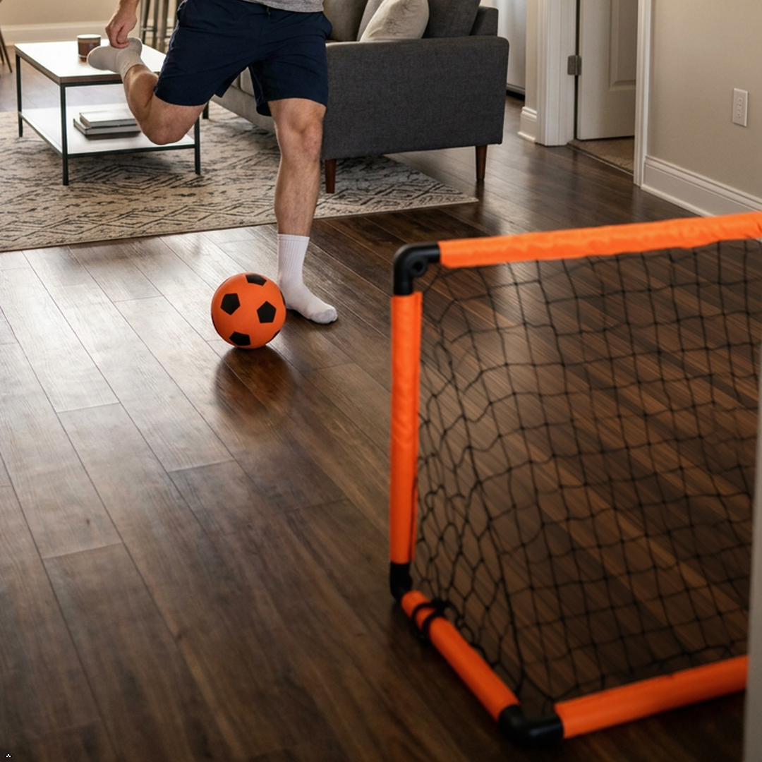 A man in a gray t-shirt and navy shorts kicks a black and orange soccer ball in a living room, with a small orange practice soccer goal in the foreground.