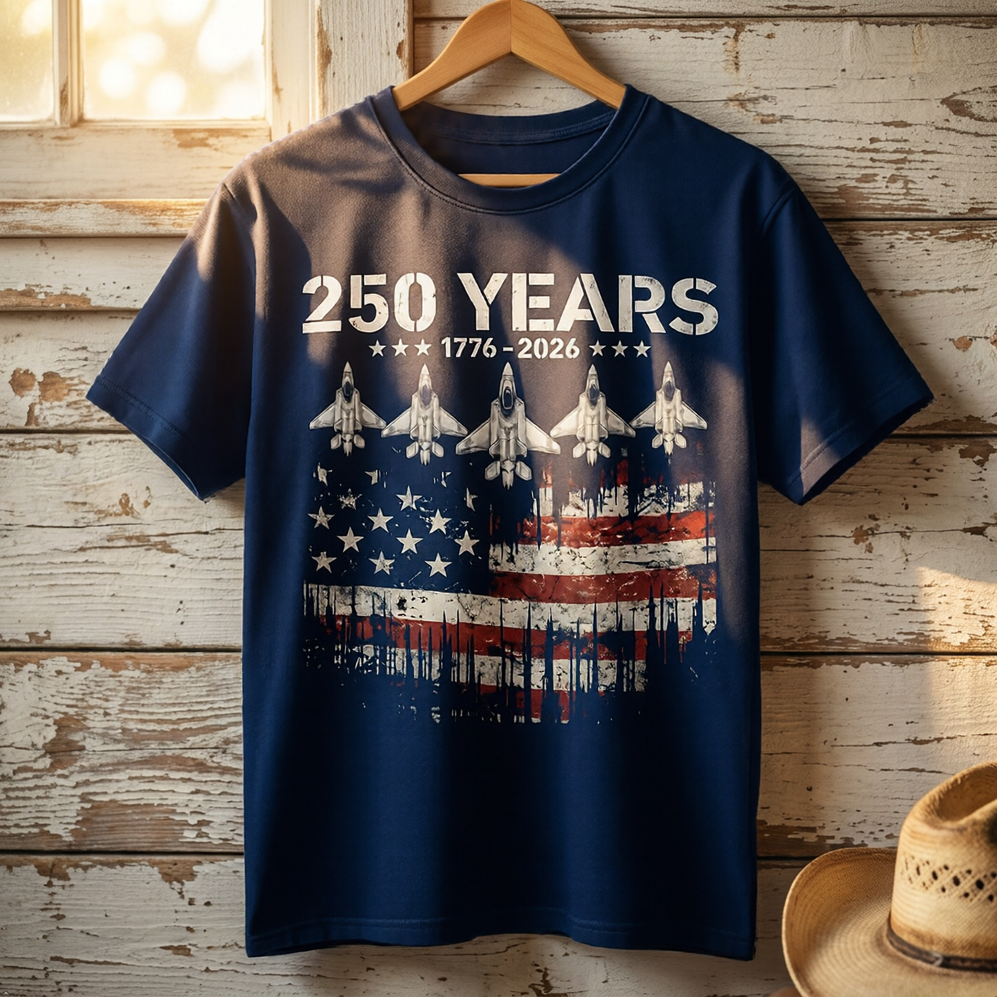 America 250th Anniversary T-Shirt, 100% Cotton, Unisex Relaxed Fit, Patriotic Eagle & Jets Design, 1776-2026 USA 4th of July