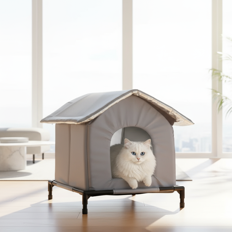 Cat house in a modern living room with a cat inside