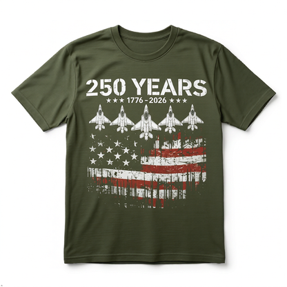 America 250th Anniversary T-Shirt, 100% Cotton, Unisex Relaxed Fit, Patriotic Eagle & Jets Design, 1776-2026 USA 4th of July